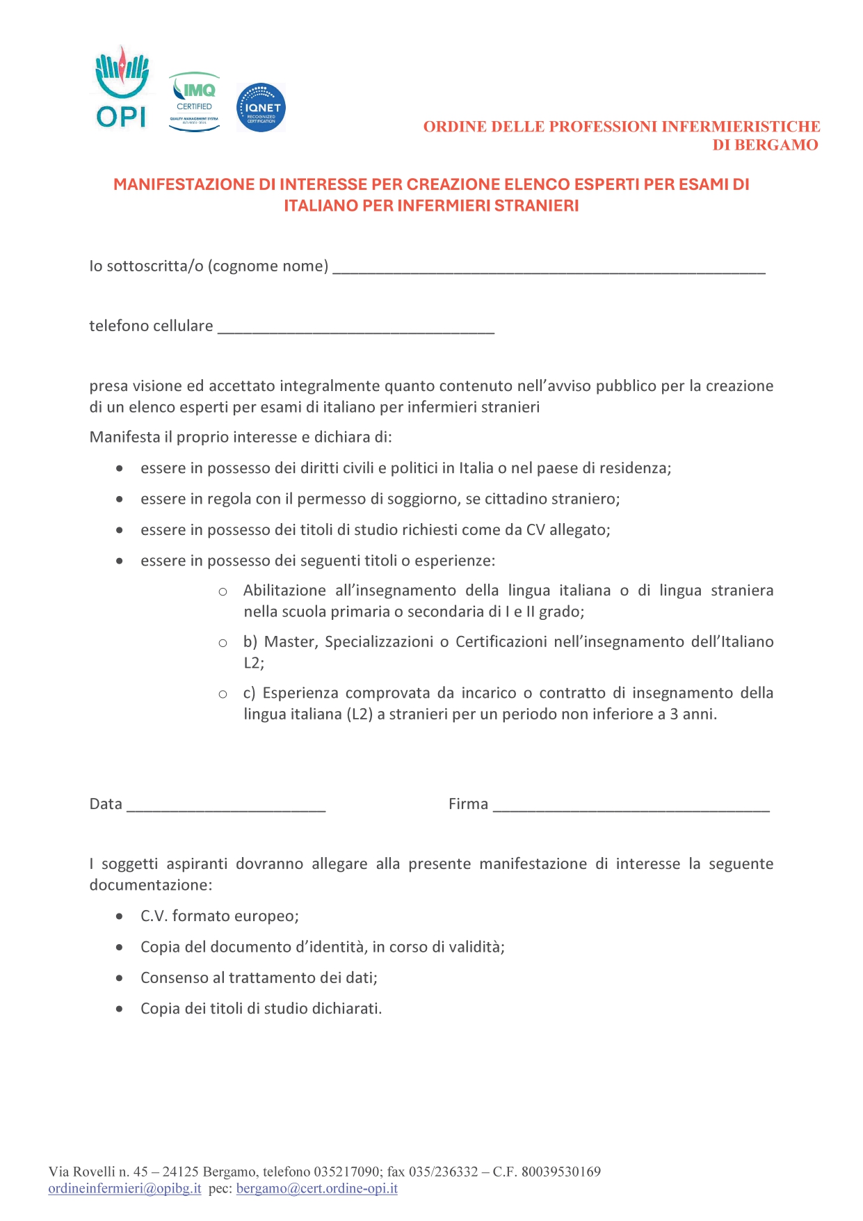 AVVISO CREAZIONE ELENCO COMPONENTI DELLA COMMISSIONE PER ESAME DELLA LINGUA ITALIANA INFERMIERI STRANIERI